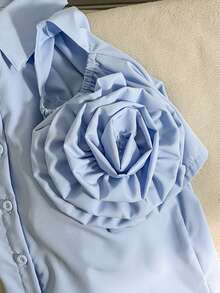 SHEIN Tween Girl Solid Color Off-Shoulder Floral Decor Single-Breasted Fashionable Blouse - Baby Blue - View 6
