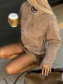 DAZY Women's Stand Collar Long Sleeve Open Front Casual Denim Jacket And Coat - Khaki - View 8