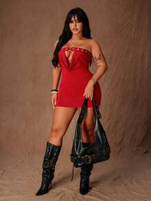 Rustia Strapless Hollow Out Sexy Bodycon Dress, Punk Rock Inspired Street Style - Red - View 4