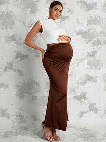MaterniChic 秋季孕妇优雅纯色褶裥A字裙 - 摩卡棕 - 查看 7