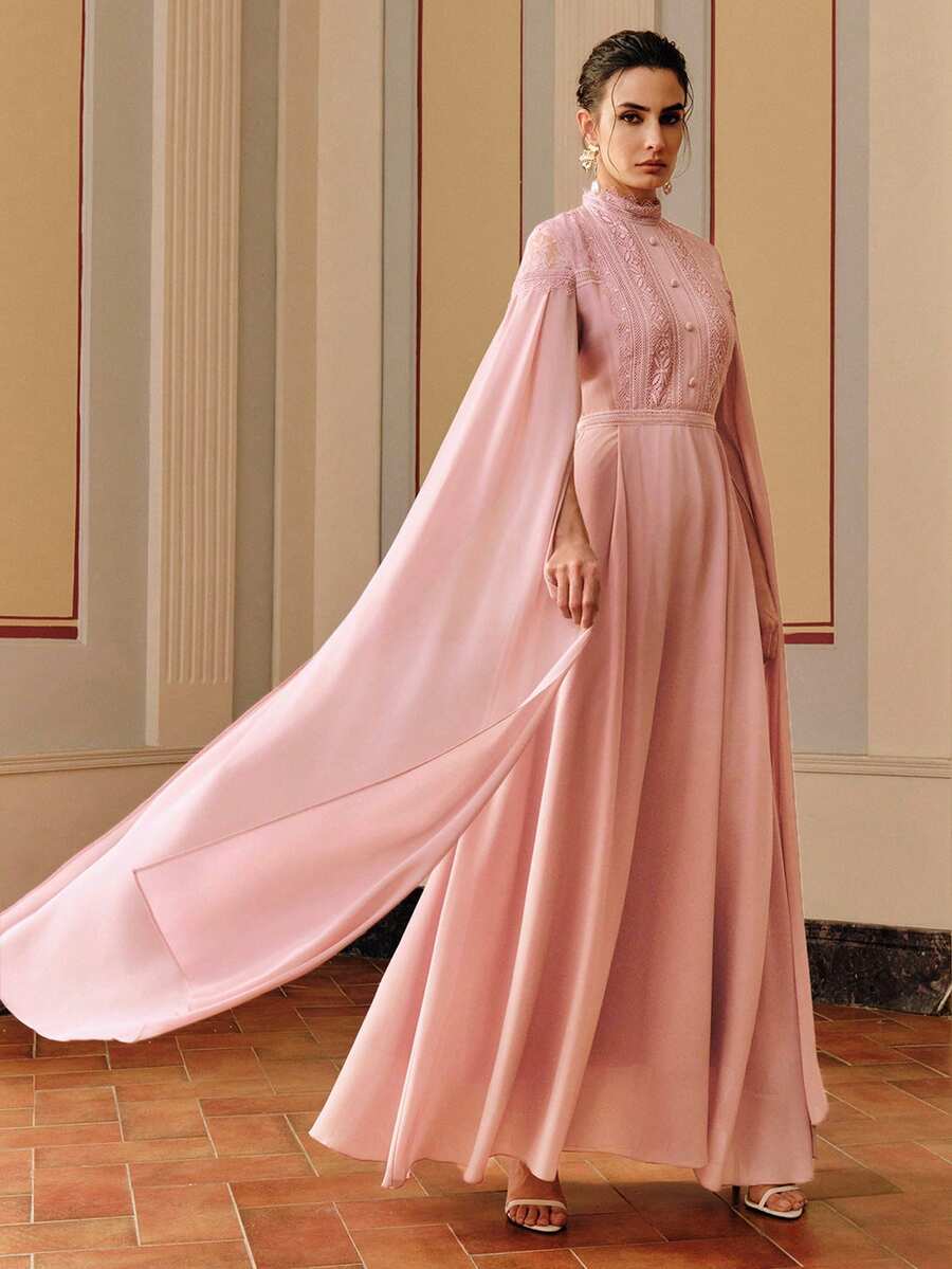 Anewsta Women's Elegant Lace Patchwork Dress With Waist Cinching Design, Sheer Fabric - Pink - View 1