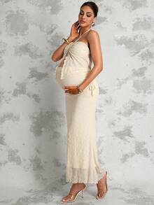MaterniChic Maternity Clothes Maternity Co Ord Summer Pregnant Clothes Apricot-Colored Textured Two-Piece Set, Halter Collar Soft And Comfortable Elegant - Apricot - View 8