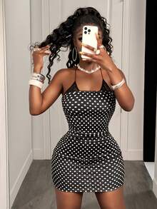 BamGleam Black Polka Dot Lace Spaghetti Strap Mini Dress, Sexy Strapless Tie-Up Bodycon Dress For Women, Summer Vacation Boho Sexy Plain Plaid Striped Casual - Black - View 4