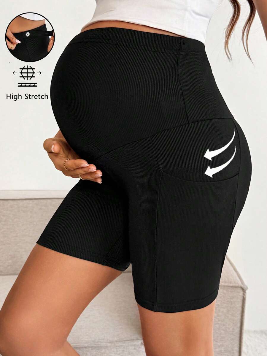 Slowluna Maternity Casual Everyday Commute Solid Color Ribbed Knit Adjustable Waist Shorts, Summer Holiday Outfits , Summer Outfits, Summer Clothes - Black - View 1
