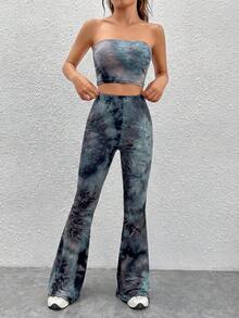 SHEIN EZwear 2pcs Women's Tie-Dye Bandeau Top And Flare Pants Set, Spring/Summer - Black and White - View 3