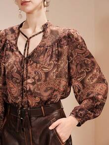 Arave 女士波西米亚风休闲宽松V领印花衬衫，春秋季 - 彩色 - 查看 2