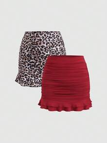 Olithes 2pcs Women Elegant Ruffle Hem Bodycon Mini Skirt Set - Multicolor - View 1