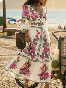 CAJUNI Tropical Vacation Embroidery Flowers Pink Dress - Pink - View 4