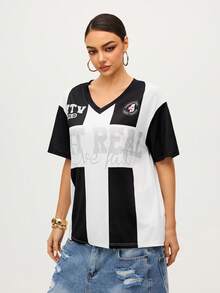 MTV | SHEIN 女士休闲运动时尚街头字母印花撞色落肩宽松T恤，夏季女士图案T恤街头服饰上衣复古T恤女士俱乐部上衣 - 黑與白 - 查看 5
