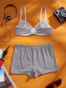 Eraneu 2件装女士条纹印花钢圈软杯舒适文胸套装 - 黑與白 - 查看 2