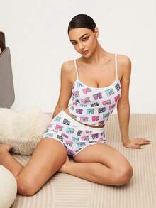 MTV | SHEIN 女士夏季字母图案吊带背心和短裤睡衣套装 - 白色 - 查看 6