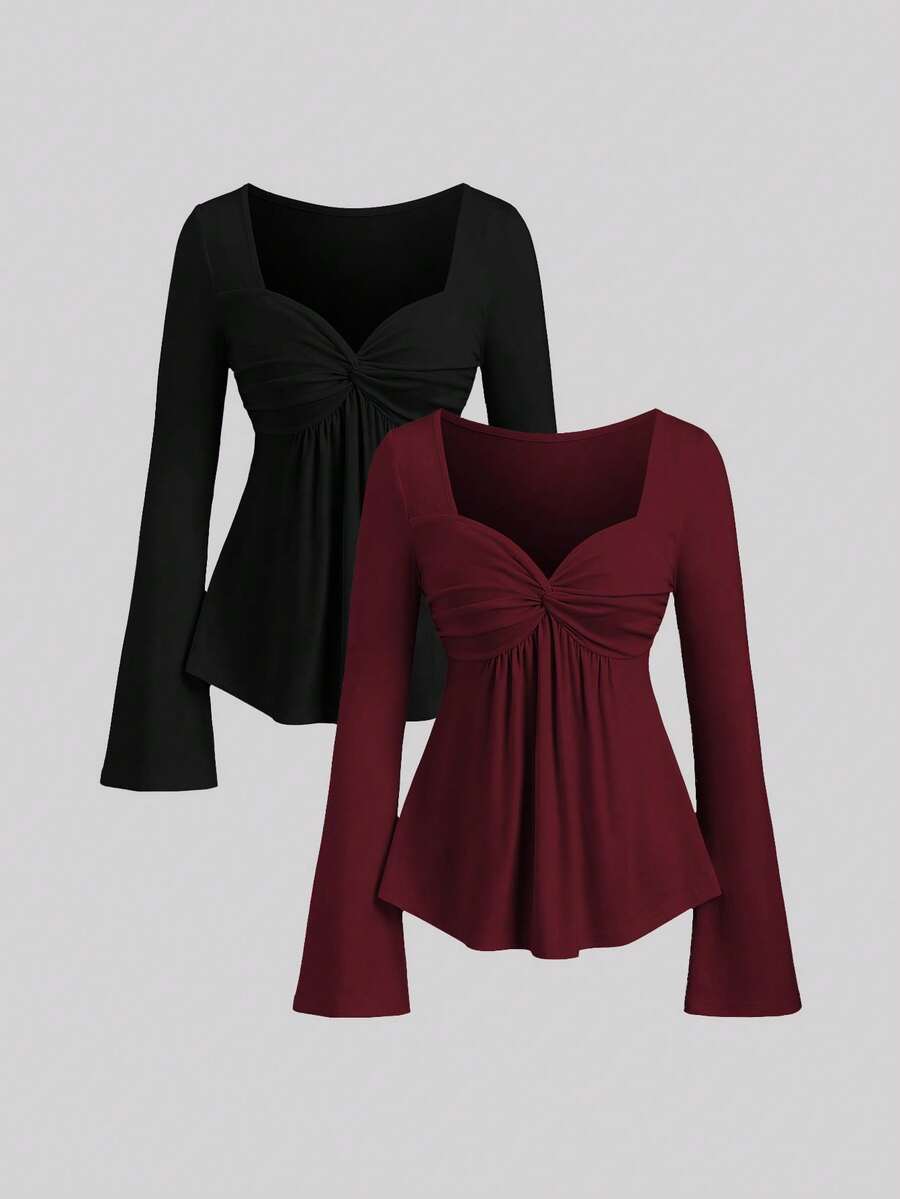 Sweetra 2pcs Women Elegant Slimming Comfortable Long Sleeve Versatile T-Shirt Set - Multicolor - View 1