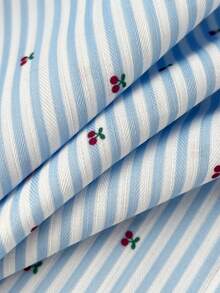 Elamini 女士低腰条纹樱桃印花休闲阔腿裤，学院风，可爱甜美，适合度假穿着 - 藍色 - 查看 6