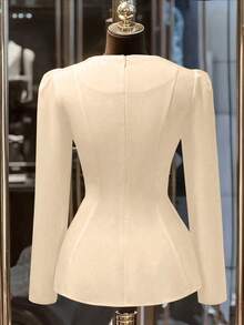 Franclia 优雅奢华的手工珍珠装饰收腰圆领上衣，后背拉链，白色，适合秋冬季外出和叠穿。 - 杏色 - 查看 2