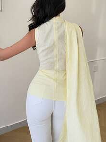 Elenzga Women's Spring/Summer New Elegant Commuter Chic Minimalist Versatile Daily Date High-End Ribbon Design Textured Fabric Shallow Yellow Sleeveless Blouse - Light Yellow - View 2