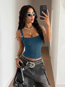 StreetHx 女士休闲时尚街头风日常通勤简约纯色搭扣孔眼吊带背心，夏季 - 藏蓝色 - 查看 5