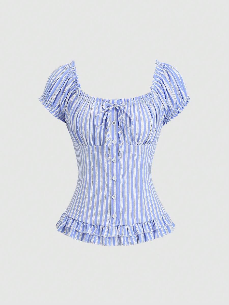 SHEIN Sweetro Women's Striped Tie-Waist Ruffle Hem Short Sleeve Blouse, Summer - Blue - View 1