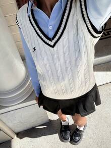 MainGRL Sleeveless Furry Knit Vest Top For Women, White,Autume / Winter,Preppy Outfits,New Year Top,Collage,Sweaters For Women - Black and White - View 5