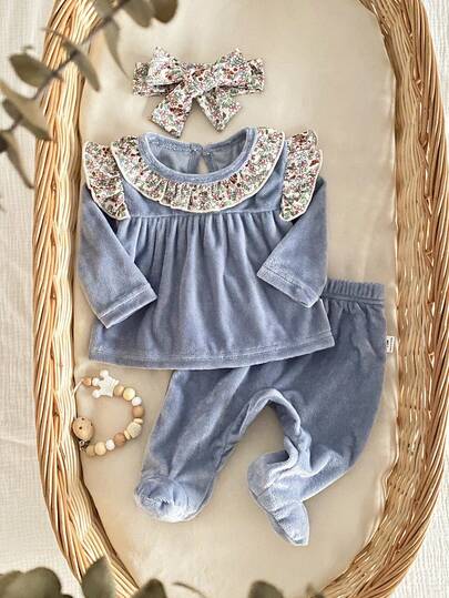 3pcs Newborn Baby Girl Soft Fleece Pajama Set, Elegant Ditsy Floral Long Sleeve Top With Ruffle Hem, Matching Pants And Headband, Cozy Home Outfit For Autumn/Winter Blueberry Baby Outfit Baby Girl Clothes Spring Fall Blue Baby Girl Outfit Cute Newborn Baby Girl Blue Flannelette Pajama Set With Floral Ruffle Round Neck Long Sleeves And Footed Pants