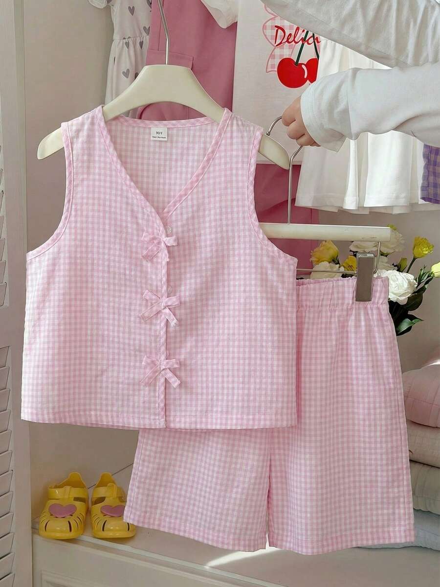 SHEIN Vintaside Kids 2件套女童无袖条纹编织背心,蝴蝶结装饰,松紧腰宽松休闲短裤,夏季 - 粉色 - 查看 1
