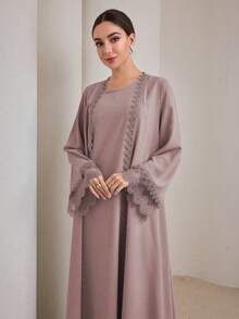 Graceveil 2pcs Women Traditional Long Dress & Abaya Coat Set Modest - Pink - View 3