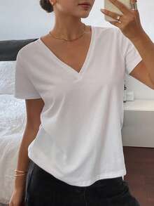 DAZY 女士V领基础款纯棉宽松纯色T恤 - 白色 - 查看 3