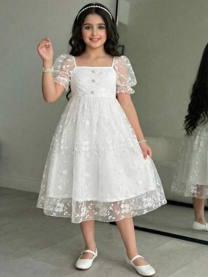 SHEIN 少女优雅泡泡袖碎花装饰中长连衣裙