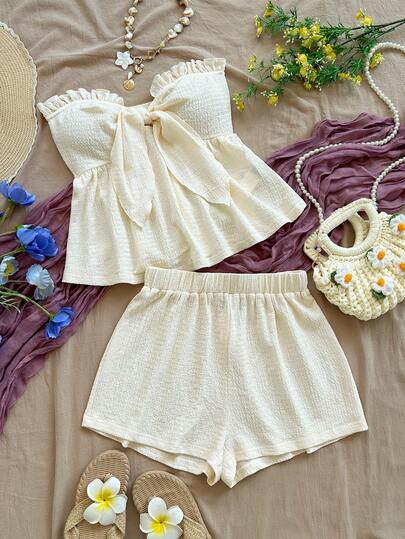 Soleia Nuevo conjunto casual de primavera/verano para vacaciones, boda en la playa, invitado de boda, graduación, brunch, Día de San Patricio, Spring Break, Pascua, festival de música, elegante, bohemio, tropical, chic, de 2 piezas con top bandeau con volantes y textura de punto en color marfil