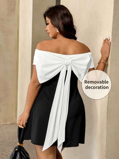 Auralis Plus Size Off-Shoulder Black & White Bow Tie Elegant Romantic Sexy Mini Dress, Suitable For Valentine's Day, Concerts, Performances, Dates,, Commuting, Office, Birthday Celebrations/Large Bow/Detachable Bow Decoration Sexy Plus Size Dress Plus Size Off Shoulder Dress Off Shoulder Dress Curve Black And White Plus Size Dress Off The Shoulder Plus Size Dress Spring Outfit For Women, Spring Dress For Women Plus Size Beach Dress Plus Size Milkmaid Dress Plus Size Swimsuit Cove Plus Size Vacation Dres