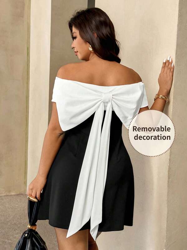 Auralis Plus Size Off-Shoulder Black & White Bow Tie Elegant Romantic Sexy Mini Dress, Suitable For Valentine's Day, Concerts, Performances, Dates,, Commuting, Office, Birthday Celebrations/Large Bow/Detachable Bow Decoration Sexy Plus Size Dress Plus Size Off Shoulder Dress Off Shoulder Dress Curve Black And White Plus Size Dress Off The Shoulder Plus Size Dress Spring Outfit For Women, Spring Dress For Women Plus Size Beach Dress Plus Size Milkmaid Dress Plus Size Swimsuit Cove Plus Size Vacation Dres