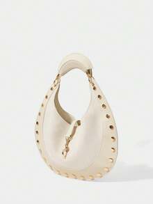 SHECARRY Ladies Vintage Semicircle Bag With Rivet Trim And Exquisite Hardware - Beige - View 2