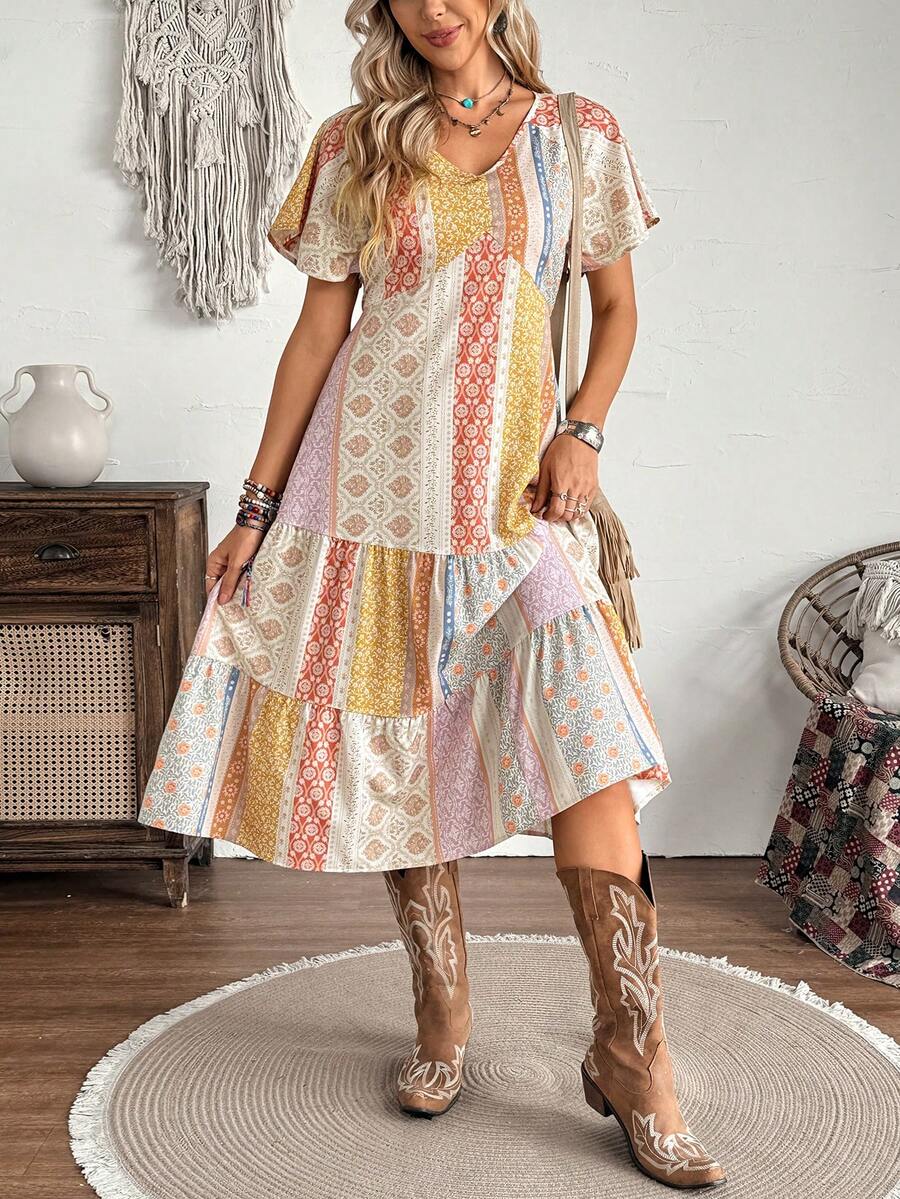 LanaWest Women's Multicolor Patchwork Bohemian Print Ruffle Sleeve Casual Mini Dress - Multicolor - View 1
