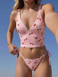 Swim Mod Women's Playful & Cute Vacation Beach Plaid & Cherry Print Tankini Swimsuit Set - Pink - View 1