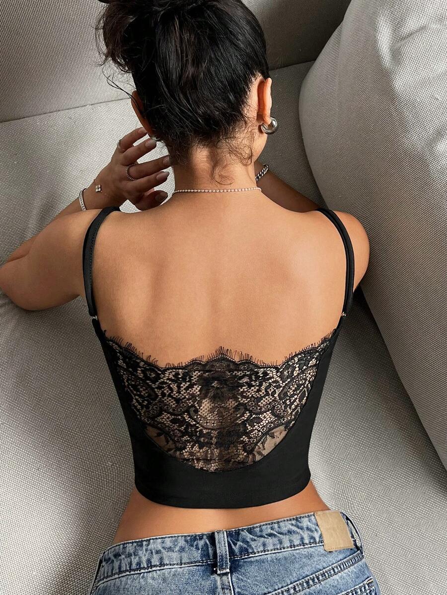 CovetEZ 大码女士基本款性感蕾丝拼接吊带背心 - 黑色 - 查看 1