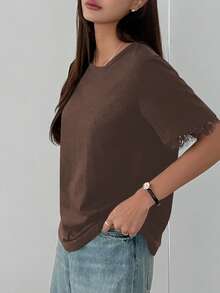 DAZY Women's Contrast Lace Loose Short Sleeve Casual T-Shirt - Brown - View 4
