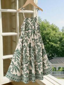 SHEIN Tween Girl Tropical Plant Print Casual Cami Dress - Green - View 1