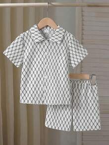 SHEIN Explorewe Bộ áo polo cổ bẻ và quần short màu trơn cho bé trai, thích hợp cho mùa hè. - Đen và trắng - Xem 4