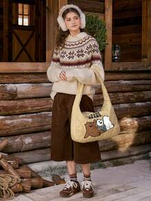 We Bare Bears X SHEIN 女士单肩包，卡通图案，绗缝设计，时尚百搭，个性设计，简约百搭，街头风，甜美酷女孩，性感女孩，大容量，可爱 - 卡其色 - 查看 9