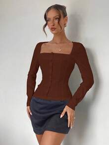 Almamuse Niche Design Fitted Long Sleeve Square Collar Shirt - Coffee Brown - View 4