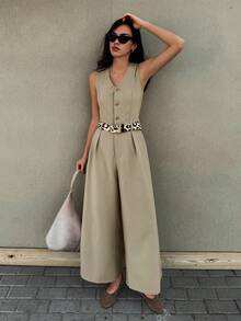 Livesso Sleeveless V-Neck Solid Color Jumpsuit, Elegant Office Wear For Spring Romper - Khaki - View 1