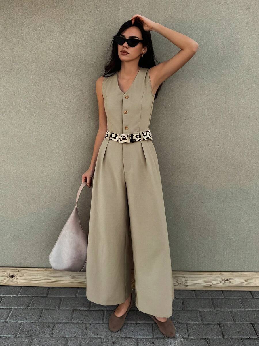 Livesso Sleeveless V-Neck Solid Color Jumpsuit, Elegant Office Wear For Spring Romper - Khaki - View 1
