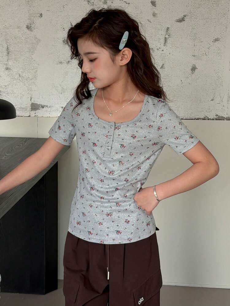 Tween Girl Ditsy Floral Button-Up Short Sleeve Casual T-Shirt Summer