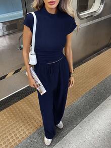 Siren Gaze 女款海軍藍夏季休閒優雅日常兩件套 中式立領短袖上衣與長褲運動套裝 機場穿搭 工作服 - 藏蓝色 - 查看 6