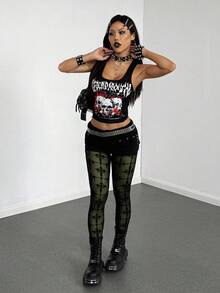 StreetHx Women's Black Sheer Mesh Punk Flocked Leggings - Army Green - View 6