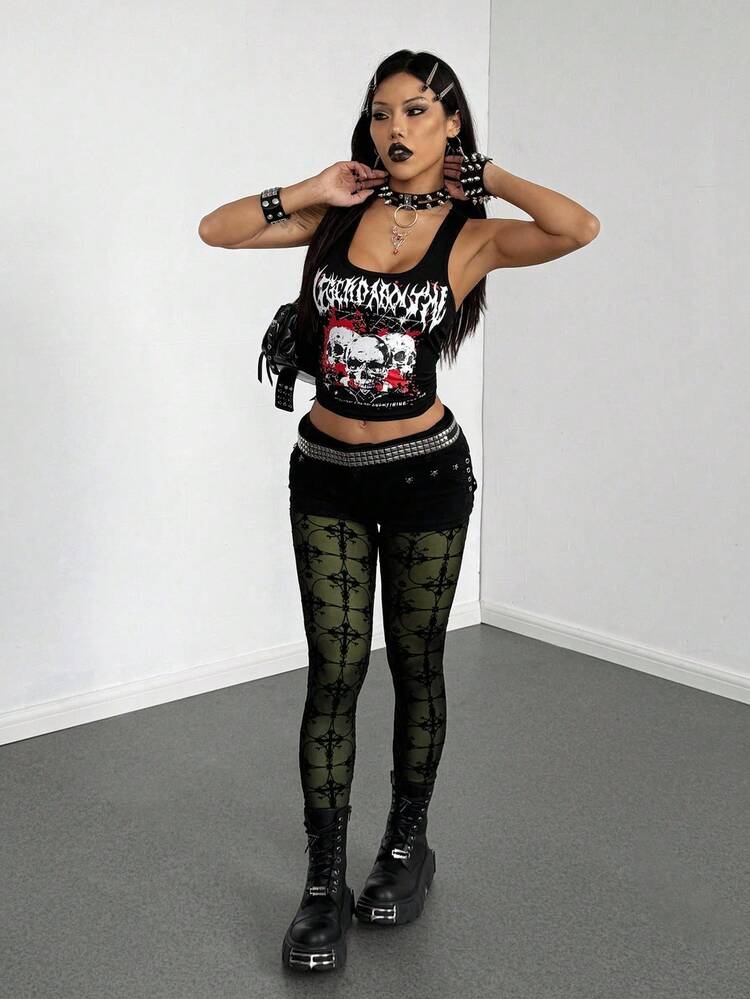 SHEIN Unity 女士黑色透视网眼朋克植绒打底裤 - 軍綠色 - 查看 6