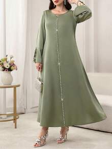 SHEIN Najma Elegant V-Neck Flare Sleeve Ruffle Hem Dress, Spring/Summer - Green - View 5