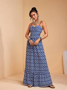 JIAN LASALA All-Over Print Spaghetti Straps Sleeveless Bustier Top Ruffled Women Maxi Dress Vacation Casual - Blue - View 4