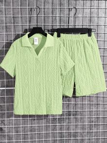 两件套男童纹理面料 Polo 衫（带领拉链）和纹理面料短裤套装，舒适休闲度假风，适合户外玩耍、街头摄影、派对、城市漫步等场合。 - 薄荷綠 - 查看 2