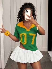 BamGleam 女士春夏绿色上衣，休闲针织背心，镂空打孔运动风，户外数码七翻领，撞色街头时尚夏季上衣，适合度假、春假、外出等场合。 - 綠色 - 查看 5