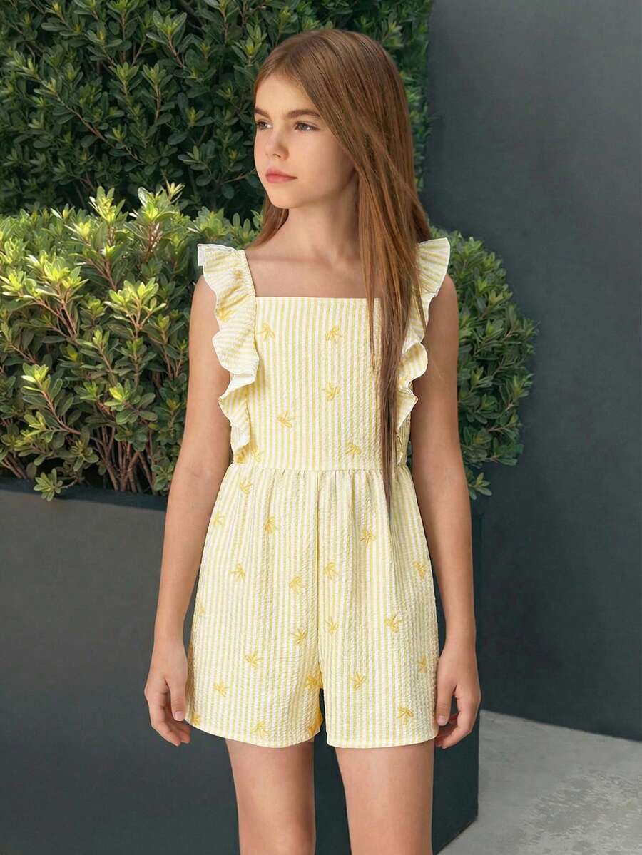 SHEIN Bộ áo liền quần dáng rộng kẻ sọc cổ vuông tay ngắn cho bé gái tuổi teen, thích hợp cho kỳ nghỉ. - Màu vàng - Xem 1